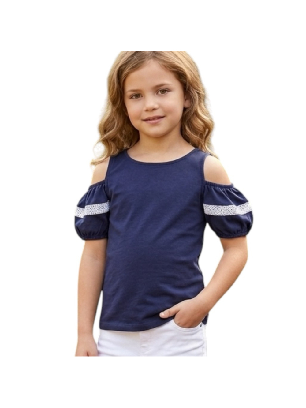 Janie and Jack Girls Navy Cold Shoulder Lace Sleeve Top Size 7